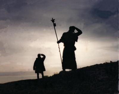 Sunrise in the Galicia mountains - just me and the bronze pilgrim from 6th century